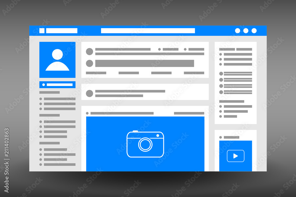 Aufkleber Web page user interface template. Social network website browser window. UI design in flat style. Vector illustration.