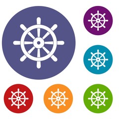 Wooden ship wheel icons set in flat circle red, blue and green color for web