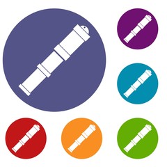 Antique telescope icons set in flat circle red, blue and green color for web