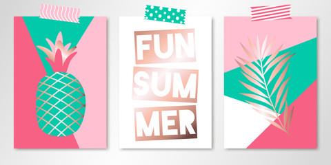 Set of three vector summer cards with rose gold shapes on cut backgrounds and tapes on top. All isolated and layered