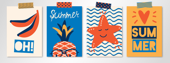 Set of four vector bright summer cards with bananas, pineapple, starfish on waves and hand written text. All isolated and layered