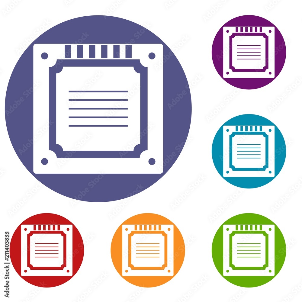 Poster modern multicore cpu icons set in flat circle red, blue and green color for web