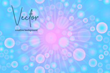 Vector background with random, chaotic, scattered bokeh circles, rays and blue and pink colors.