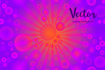 Vector background with random, chaotic, scattered bokeh circles, rays and bright violet and orange colors.