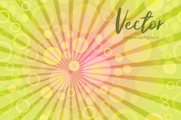 Vector background with random, chaotic, scattered bokeh circles, rays and light pink and green colors.