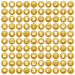 100 document icons set in gold circle isolated on white vector illustration