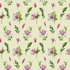 Floral seamless pattern with pink magnolias and twigs. Vintage art by markers. Imitation of watercolor drawing.