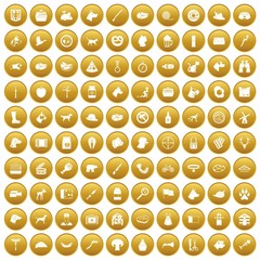 100 dog icons set in gold circle isolated on white vector illustration