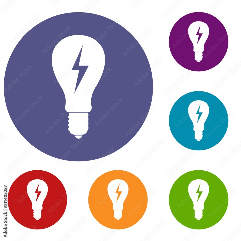 Poster light bulb with lightning inside icons set in flat circle red, blue and green color for web