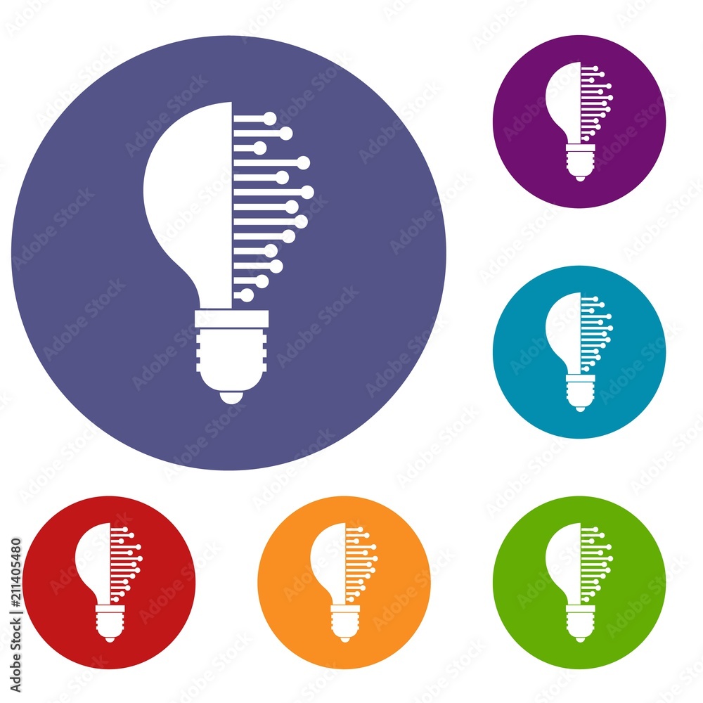 Poster lightbulb with microcircuit icons set in flat circle red, blue and green color for web