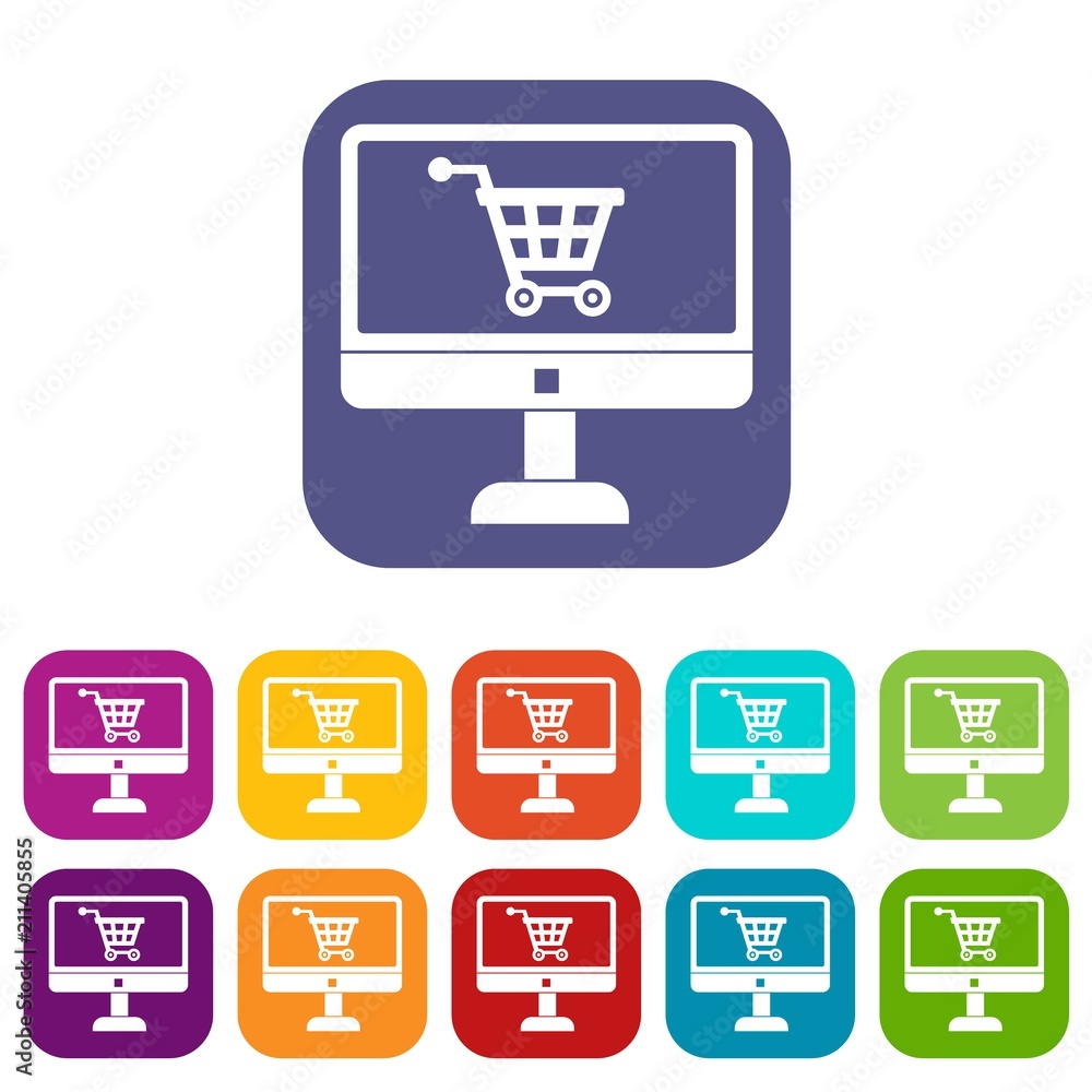 Poster purchase at online store through computer icons set vector illustration in flat style in colors red,