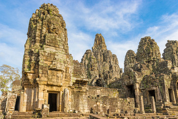 Bayon richly decorated Khmer temple at Angkor Thom in Cambodia