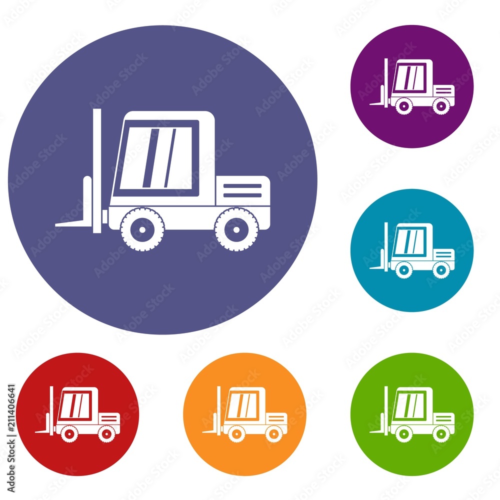 Poster stacker loader icons set in flat circle red, blue and green color for web
