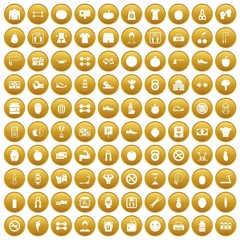 100 gym icons set in gold circle isolated on white vector illustration