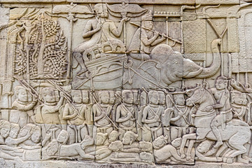Bayon temple wall carvings at Angkor Thom in Cambodia