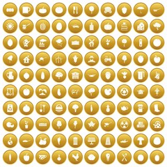 100 health food icons set in gold circle isolated on white vector illustration