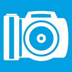 Camera icon white isolated on blue background vector illustration