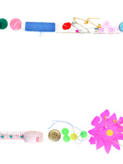Sewing accessories isolated on white background. Colorful frame of buttons, threads and needles.
