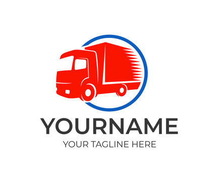 Logistics company and fast truck in circle, logo template. Cargo transportation, delivery of goods and auto transport, vector design, illustration