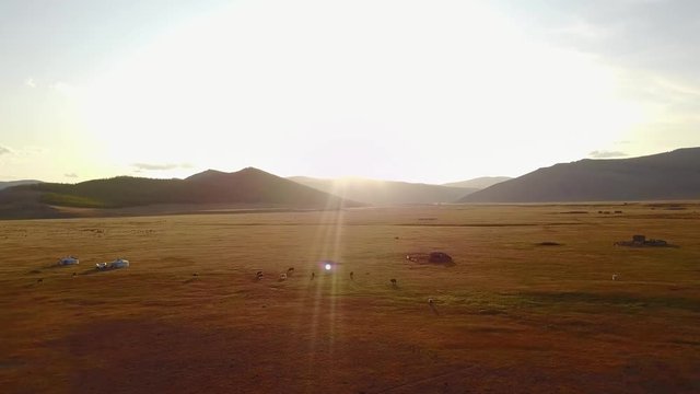 Aerial view from a drone of traditional gers in a Mongolian steppe on an autumn day. Lake Khuvsgol, Mongolia.