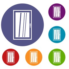 Closed white window icons set in flat circle red, blue and green color for web