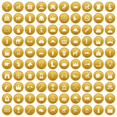 100 horsemanship icons set in gold circle isolated on white vector illustration