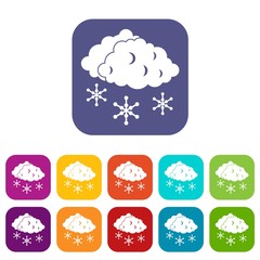 Clouds and snow icons set vector illustration in flat style in colors red, blue, green, and other