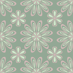 Olive green floral seamless pattern with pale pink elements. Background with flower designs