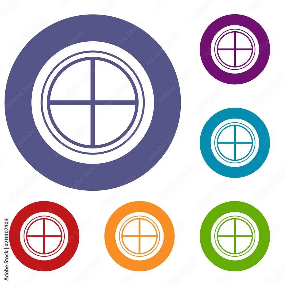 Aufkleber white round window icons set in flat circle red, blue and green color for web