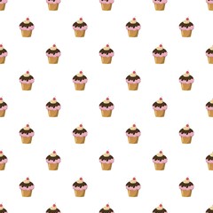 Cherry cupcake with chocolate icing pattern seamless repeat in cartoon style vector illustration