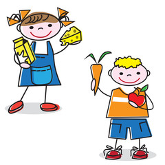 Cartoon kids holding healthy food products. Milk package, piece of cheese, a carrot and an apple.