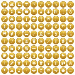 100 hygiene icons set in gold circle isolated on white vector illustration