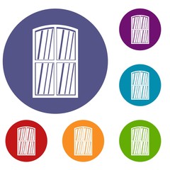 Wooden window icons set in flat circle red, blue and green color for web