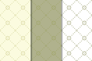 Olive green and white geometric seamless patterns