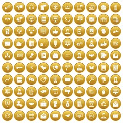 100 interaction icons set in gold circle isolated on white vector illustration