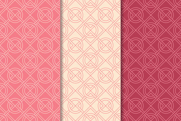 Cherry red geometric ornaments. Set of seamless patterns