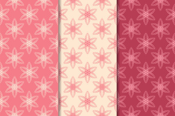 Set of red floral ornaments. Cherry pink vertical seamless patterns