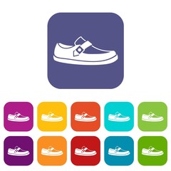 Men moccasin icons set vector illustration in flat style in colors red, blue, green, and other
