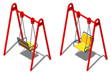 Красно-желтые детские качели с креслом, векторный рисунок в изометрической проекции на белом фоне