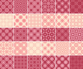 Geometric and floral collection of seamless patterns. Cherry red and beige backgrounds