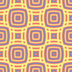 Geometric seamless pattern. Bright red background with blue and yellow design