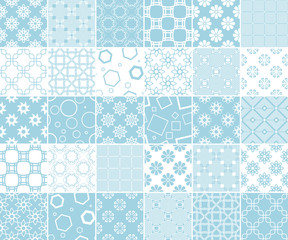 Geometric and floral collection of seamless patterns. Blue and white backgrounds