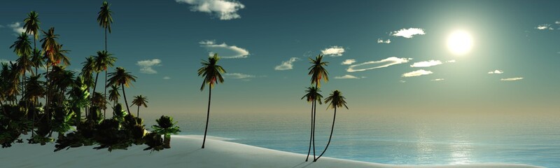 Fototapeta na wymiar Tropical island with palm trees at sunset. Dawn over the ocean. Palm trees on the beach. 3D rendering 