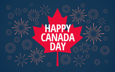 Happy Canada Day vector blue background with red Canada maple leaf and Canada Day holiday fireworks in the night sky - flat style illustration