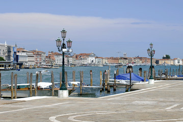 Beautiful architecture  Venice, Italy. Details of the windows and doors of the colorful houses. Street. Grand canal famous landmark panoramic view Venice Italy with blue sky white cloud.