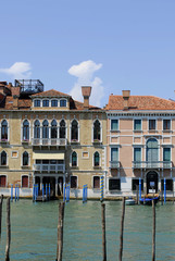 Grand canal famous landmark panoramic view Venice Italy with blue sky white cloud and gondola boat water. Beautiful architecture  Venice, Italy. 