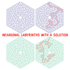 Set of hexagonal labyrinths with a solution. Color hexagonal mazes. A useful puzzle game for children and adults