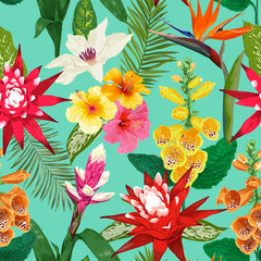 Tropical Flowers Seamless Pattern. Summer Floral Background with Tiger Lily Flower and Hibiskus. Watercolor Blooming Design for Wallpaper, Fabric. Vector illustration © wooster