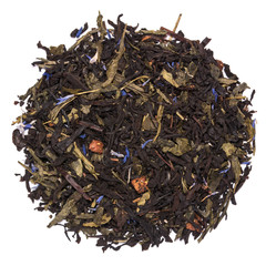 Mix of black tea with green sencha tea and cornflower flowers and strawberry slices on white background