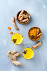 Traditional indian drink turmeric curcuma golden milk with ingredients